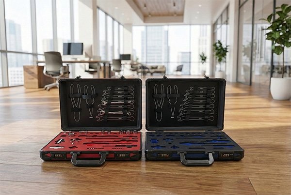 Two open lockable tool kit display cases with red and blue EVA foam inserts, showing neatly organized hand tools in a bright modern office.