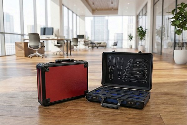 One tool kit display case standing closed with a red aluminum panel, next to an open display case with a blue EVA foam insert and arranged tools, placed on an office floor.