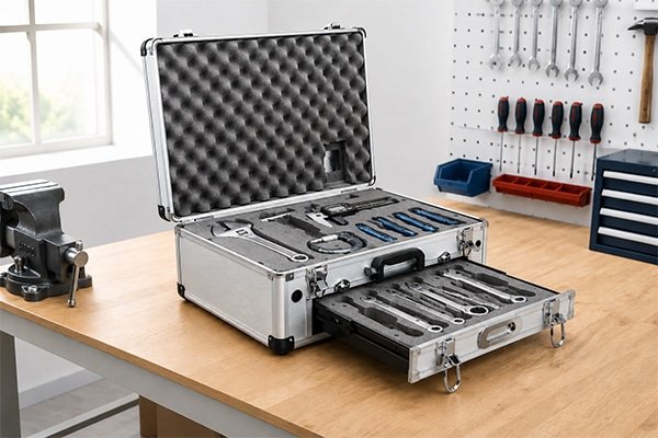 Custom aluminum tool case with EVA foam insert and sliding drawer, designed for secure storage and transport of professional repair tools, measuring instruments, maintenance kits, and industrial hand tools.