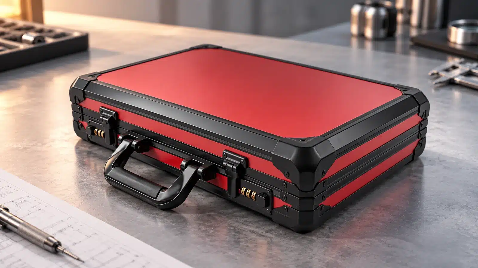 Red and black aluminum equipment case on a workbench